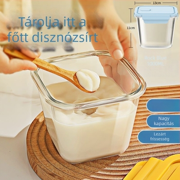 Zárható üvegtartó sertészsír tárolására, fedővel, otthoni konyhához, hűtőbe tehető, nagy kapacitású, hőálló boroszilikát üveg, 2,1–3 L