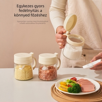 Üveg fűszertartó készlet adagoló üvegekkel és tároló dobozzal a konyhába