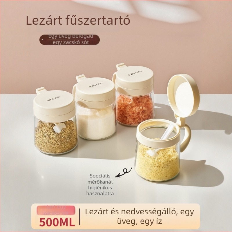Üveg fűszertartó készlet adagoló üvegekkel és tároló dobozzal a konyhába