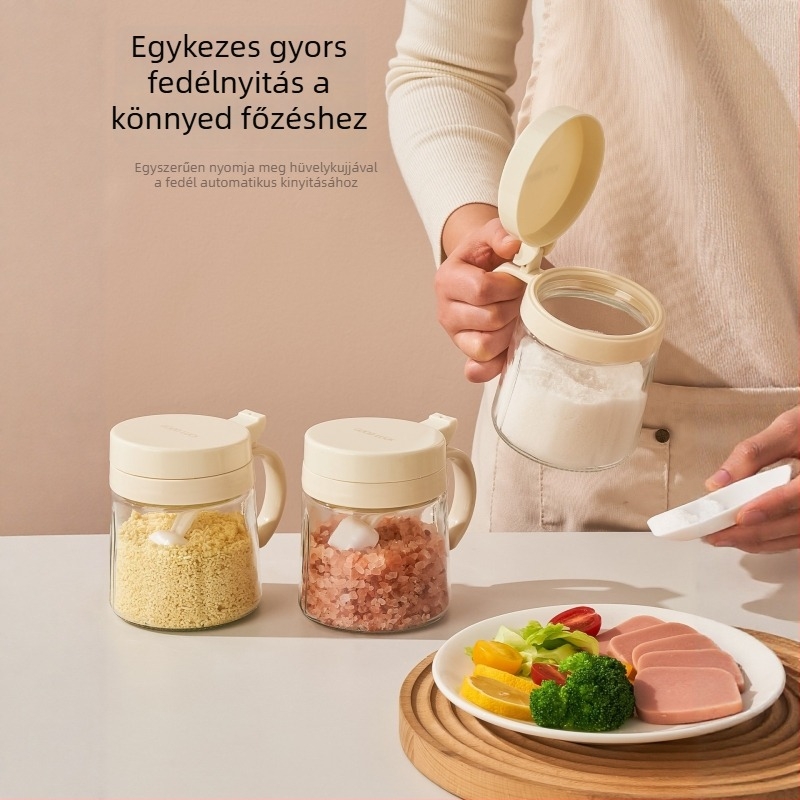 Üveg fűszertartó készlet adagoló üvegekkel és tároló dobozzal a konyhába
