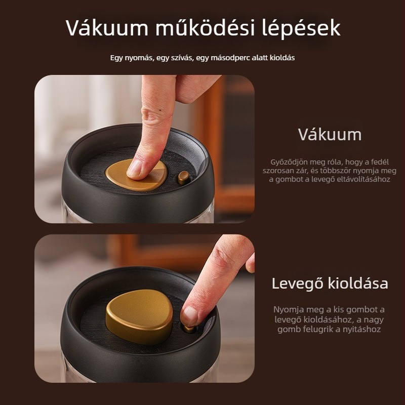 Kávébabok, tea, aszalt gyümölcsök és gabonafélék tárolására szolgáló vákuumzáras üvegtároló