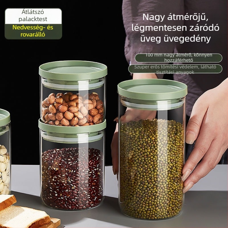 Nagy kapacitású üveg zárható tetővel – tároló üveg gabonákhoz, teához, nassolnivalókhoz és diófélékhez