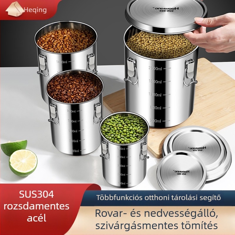 304 rozsdamentes acélból készült zárt tároló, teához és kávébabokhoz, többfunkciós, csattal, nagy kapacitás