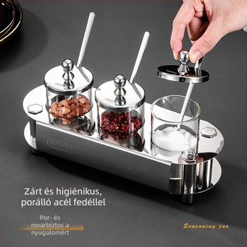 Zárható üveg fűszertartó készlet kanállal — sóhoz és fűszerekhez