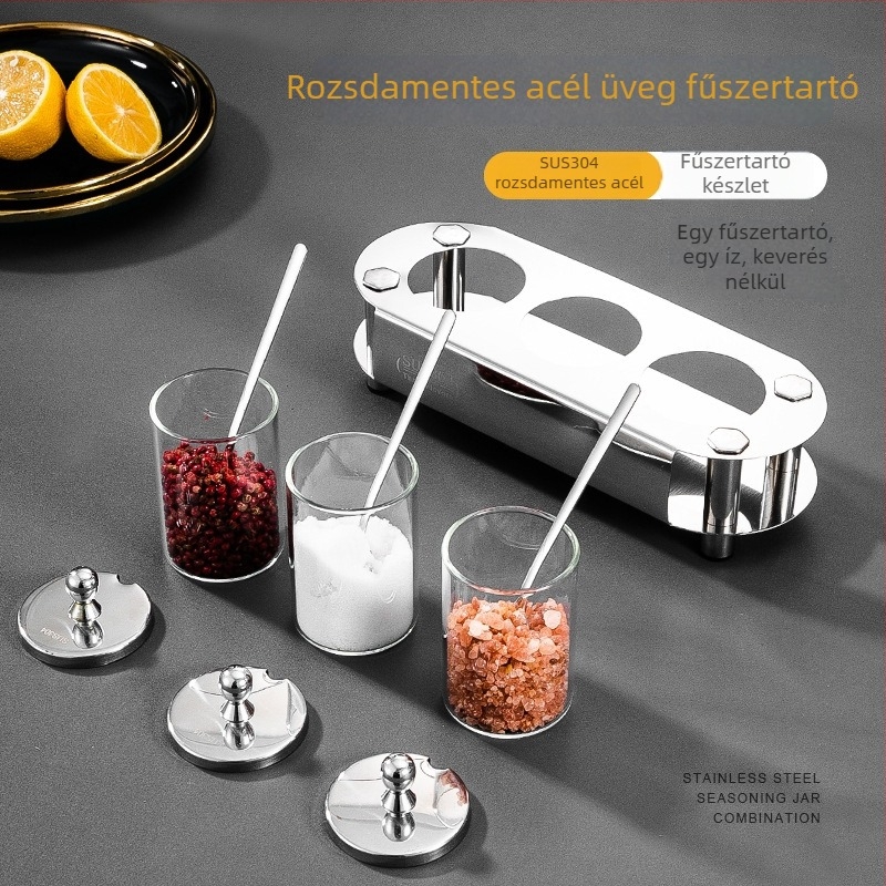 Zárható üveg fűszertartó készlet kanállal — sóhoz és fűszerekhez