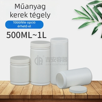 Fehér műanyag széles szájú kerek üveg belső kupakkal és zárófilmmel, poros üveg, hengeres formájú, 500 ml/750 ml/1 L