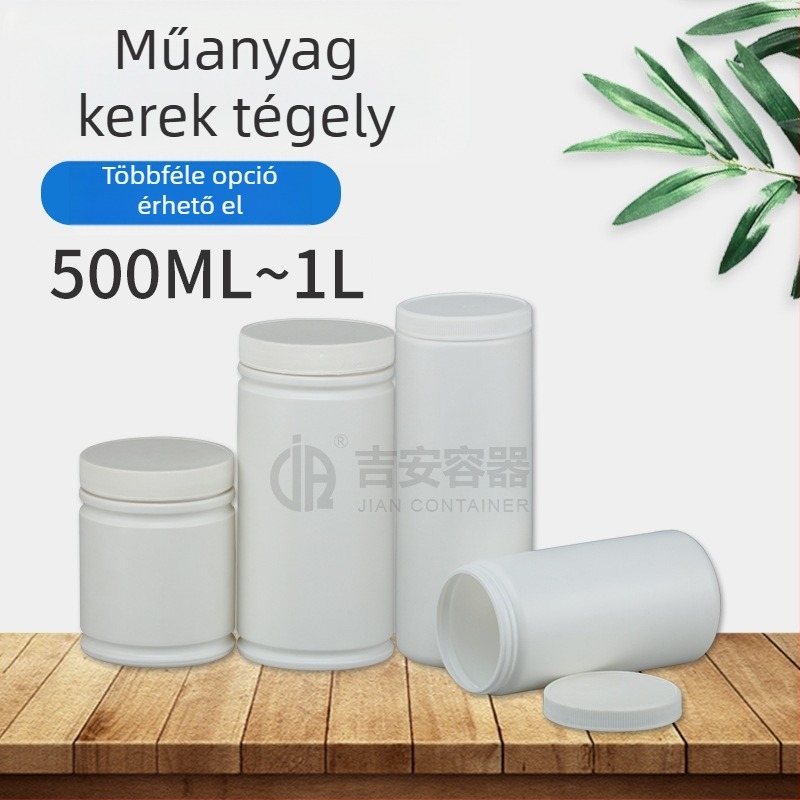 Fehér műanyag széles szájú kerek üveg belső kupakkal és zárófilmmel, poros üveg, hengeres formájú, 500 ml/750 ml/1 L