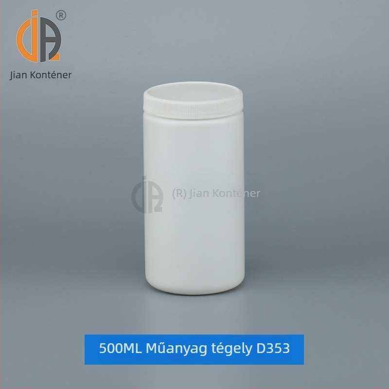 Fehér műanyag széles szájú kerek üveg belső kupakkal és zárófilmmel, poros üveg, hengeres formájú, 500 ml/750 ml/1 L