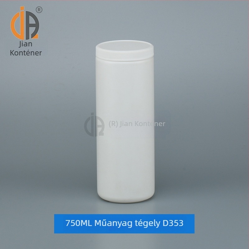 Fehér műanyag széles szájú kerek üveg belső kupakkal és zárófilmmel, poros üveg, hengeres formájú, 500 ml/750 ml/1 L