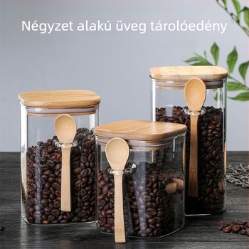 Négyszögletes üveg tároló kanállal, teához és gabonafélékhez, hőálló