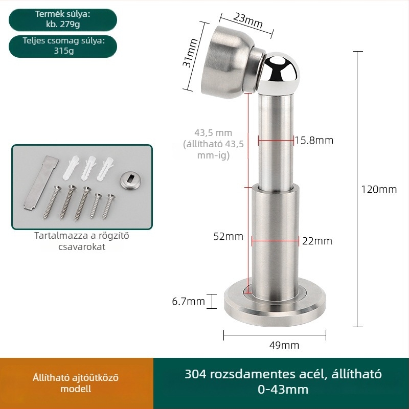 304 rozsdamentes acél, állítható ajtóstop, mágneses falra szerelhető, hosszított felső rész fürdőszobához