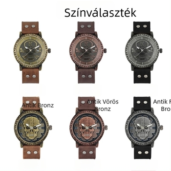 KSENRUI Férfi vintage karóra naptárral, quartz, bőrszíj, bronz tónusú koponya mintával