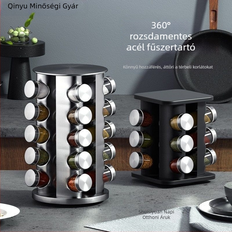 Többszintes rozsdamentes acél forgó fűszerállvány, nordic stílusú konyhához, 360°-os forgó platform a fűszertartók számára a konyhapulton