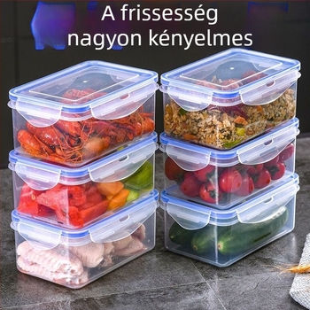 Hosszúkás élelmiszertároló, zárható, többfunkciós frissességmegőrző doboz átlátszó fedővel, ebédes doboz irodába