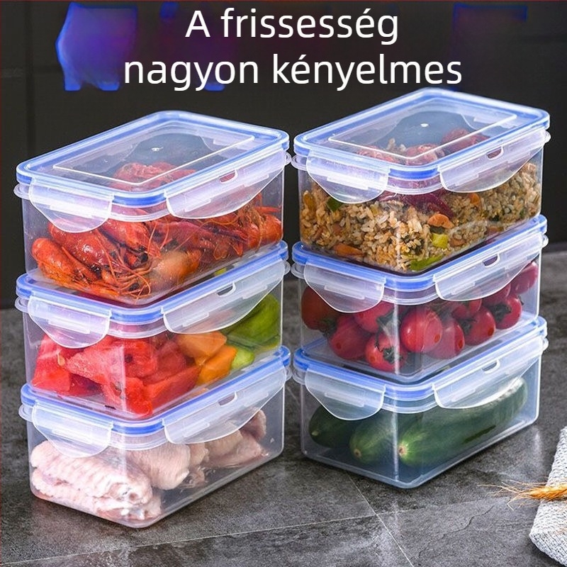 Hosszúkás élelmiszertároló, zárható, többfunkciós frissességmegőrző doboz átlátszó fedővel, ebédes doboz irodába