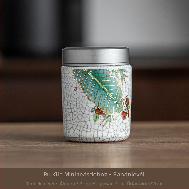 Kerámiás teás doboz fém fedéllel, retro stílus, kis méret, 5,3 × 7 cm, minták: magnólia, banánlevél, bambusz, peónia