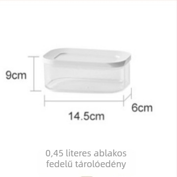 Műanyag hermetikus zárású tárolóedény gabonafélék, szárított gyümölcsök és tealevelek számára; négyzet alakú, 1–2 L.