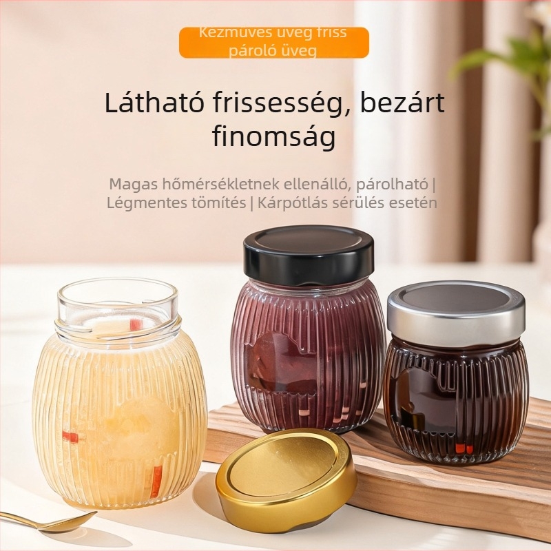 Kézműves üvegből készült főző- és tárolóüveg, zárható fedéllel, hőálló és gőzölhető, otthoni használatra, mézhez, madárfészekhez és pudinghoz