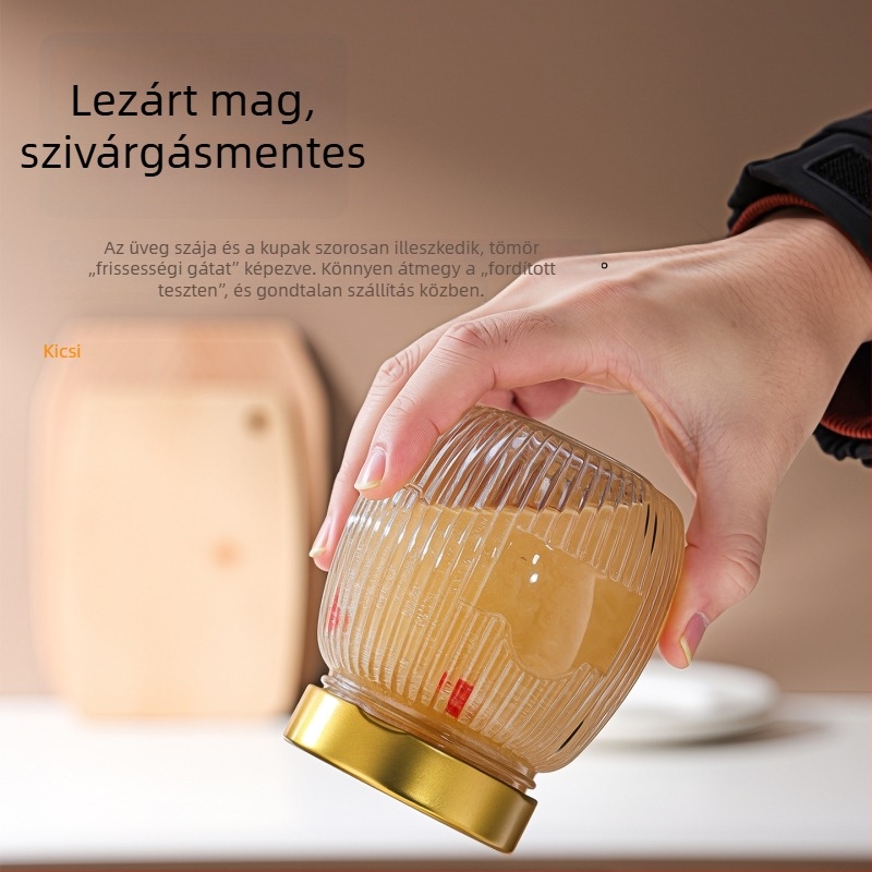 Kézműves üvegből készült főző- és tárolóüveg, zárható fedéllel, hőálló és gőzölhető, otthoni használatra, mézhez, madárfészekhez és pudinghoz