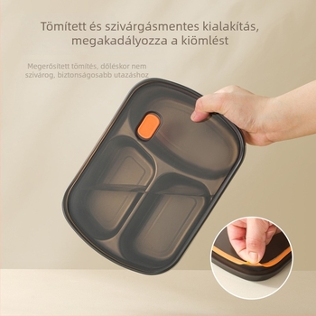 304 rozsdamentes acél ebédes doboz három rekeszes, mikrohullámú sütőbe tehető, zárható, 1–2 L