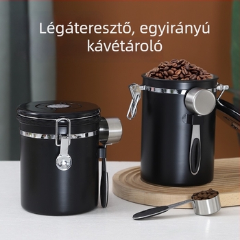304 rozsdamentes acél kávébab tároló, vákuumos, egyirányú kiáramlási légáram, zárt edény kávéőrlemény és tejpor számára, kör alakú, 1-2 L