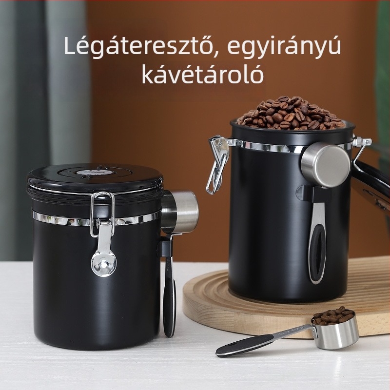 304 rozsdamentes acél kávébab tároló, vákuumos, egyirányú kiáramlási légáram, zárt edény kávéőrlemény és tejpor számára, kör alakú, 1-2 L