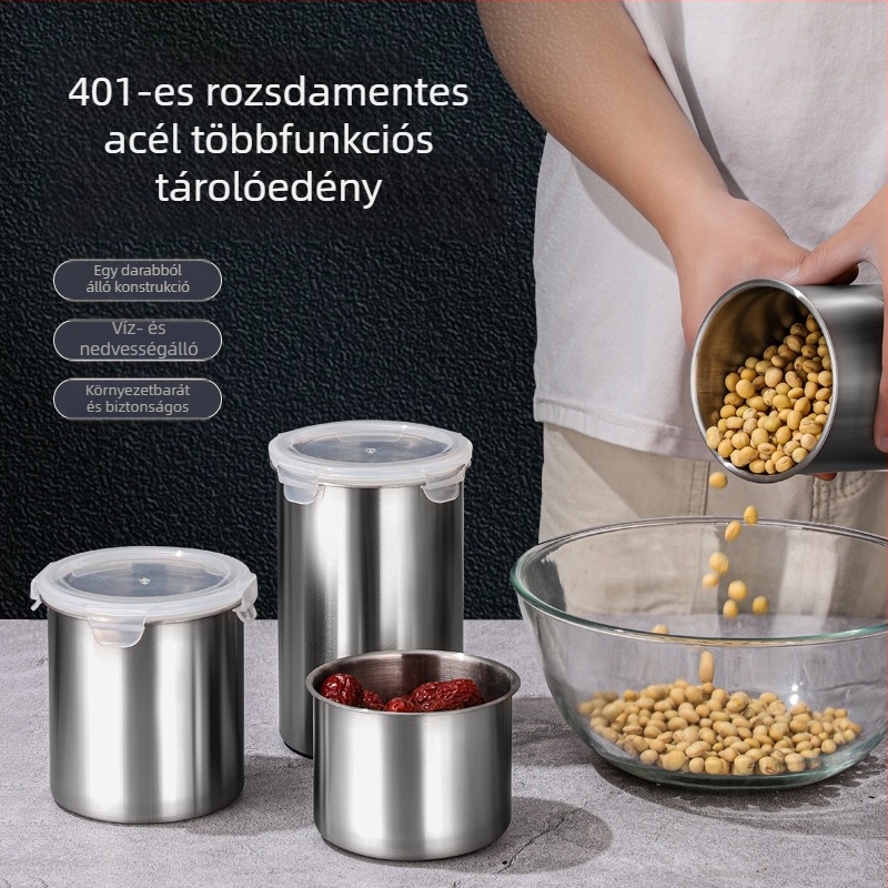 Rozsdamentes acél 401 zárható, légmentesen záródó tárolóedény, konyhai frissességmegőrző, 800–1000 ml