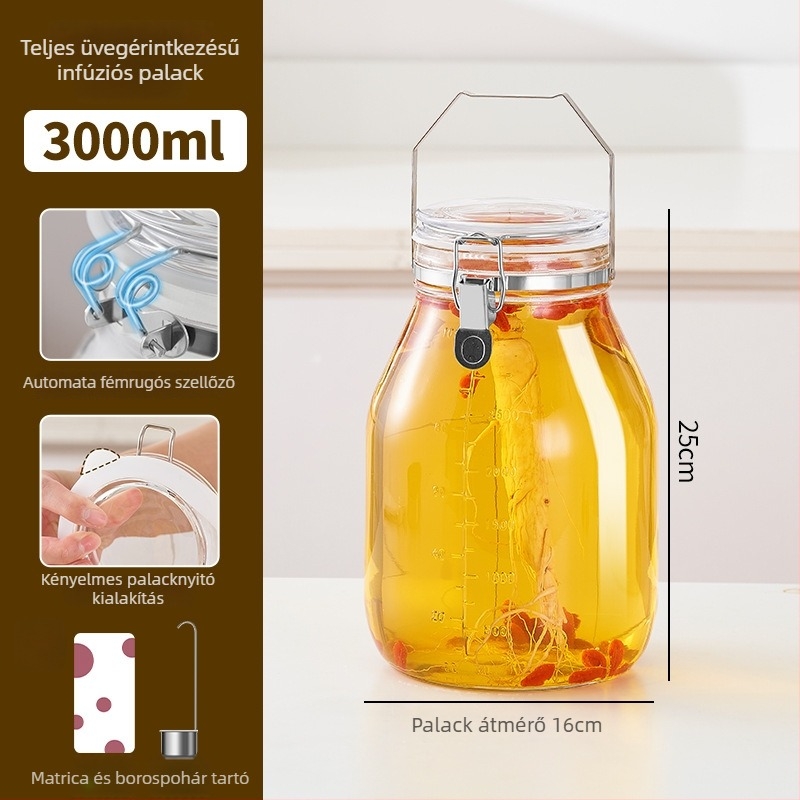 Japán stílusú légmentesen záró üveg fermentáló edény automata szellőztetéssel és enzimpalackkal, hengeres tárolóedény (4,1–5 L)