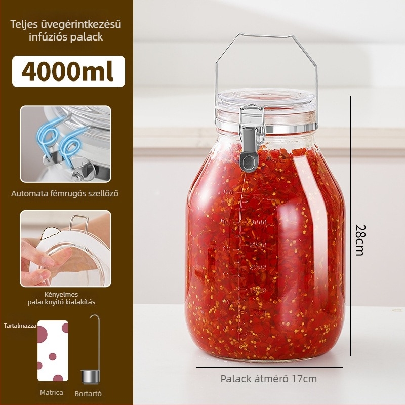 Japán stílusú légmentesen záró üveg fermentáló edény automata szellőztetéssel és enzimpalackkal, hengeres tárolóedény (4,1–5 L)