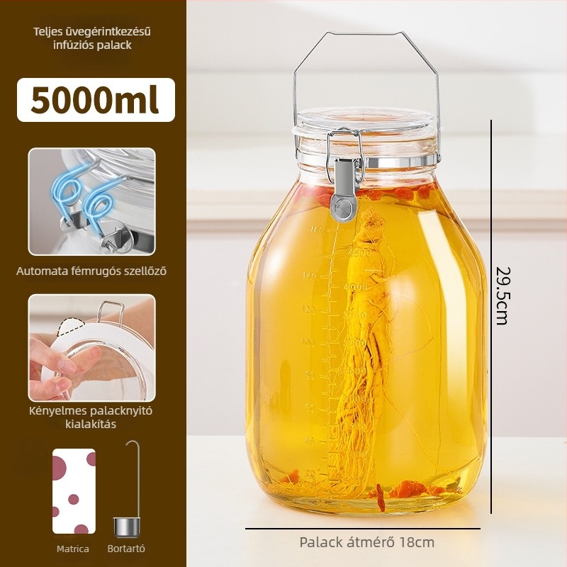 Japán stílusú légmentesen záró üveg fermentáló edény automata szellőztetéssel és enzimpalackkal, hengeres tárolóedény (4,1–5 L)