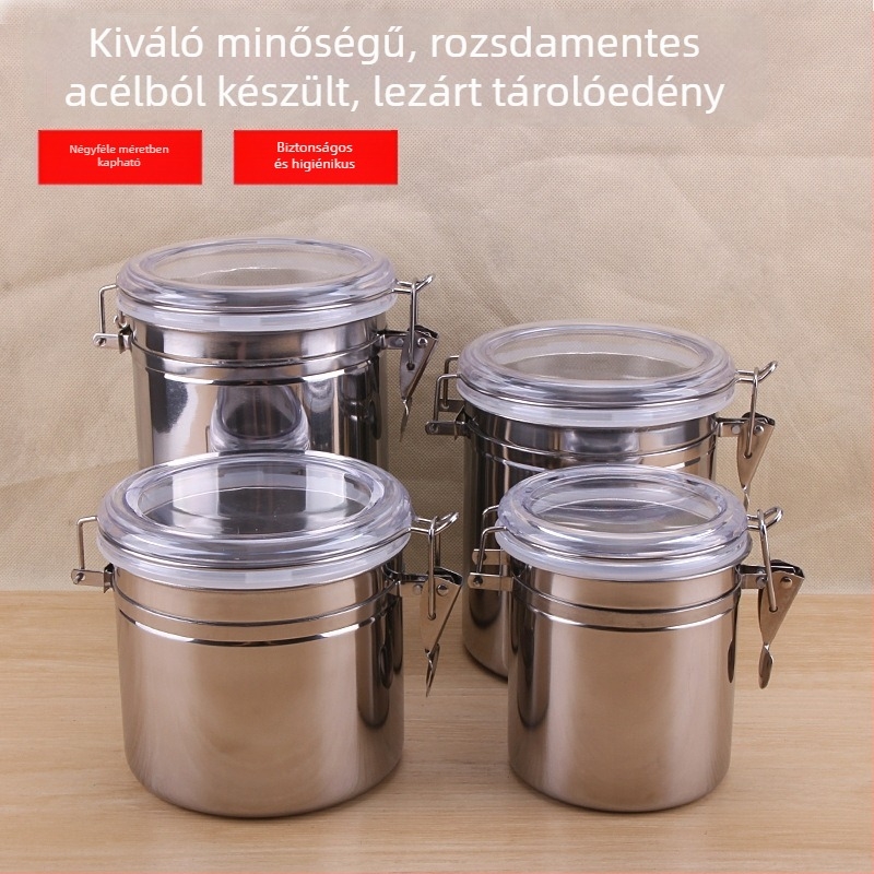 Rozsdamentes acélból készült hermetikusan záródó tárolóedény, 800–1000 ml – kávéhoz, teához, tejporhoz, édességekhez, aszalt gyümölcsökhez és porokhoz