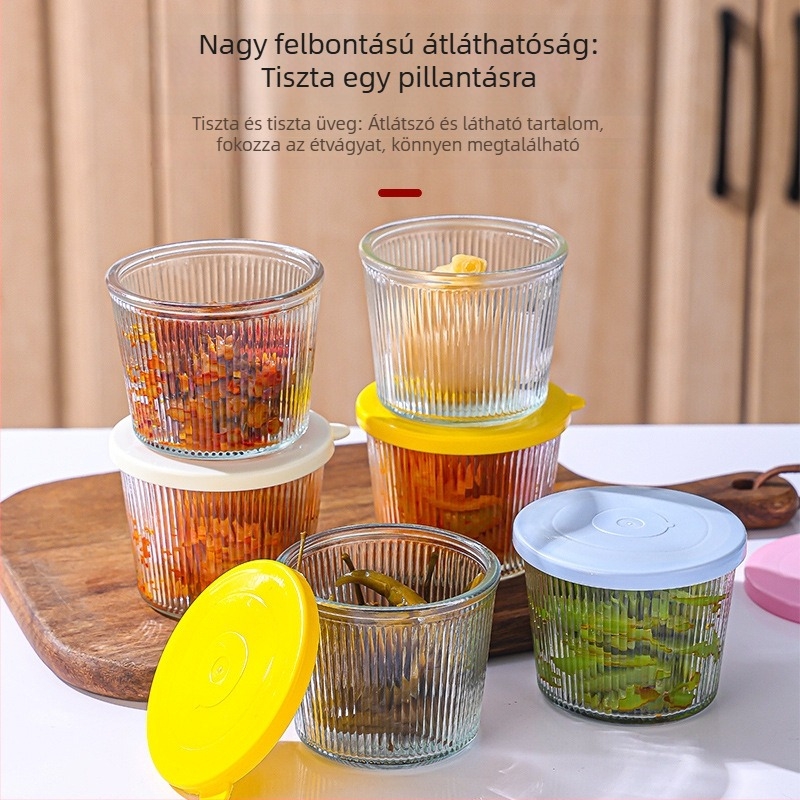 Üveg savanyúság tároló függőleges csíkokkal, kimchi tároló, háztartási porciózó edény, hűtőben tárolható, légmentesen záródó