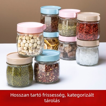 Üvegből készített, légmentesen záródó tárolóedények diófélék, kristálycukor és bors fűszerek számára