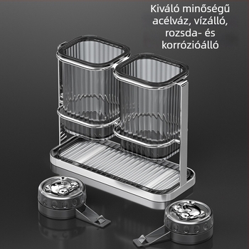 Rozsdamentes acélból készült falra szerelhető evőeszköztartó, szívókoronggal és vízelvezető rács