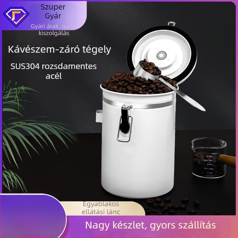 Rozsdamentes acél kávébab-tartó, zárható, dátumos tárolás és szellőző szelep