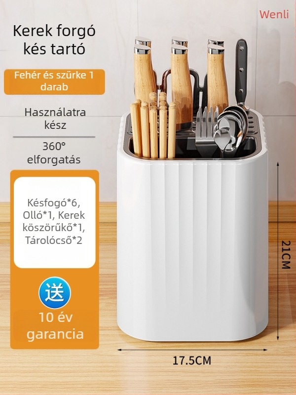 Forgó kés- és konyhai eszköz tartó, integrált kanál- és evőpálcika tároló, falra szerelhető cső alakú tároló