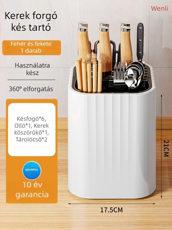 Forgó kés- és konyhai eszköz tartó, integrált kanál- és evőpálcika tároló, falra szerelhető cső alakú tároló