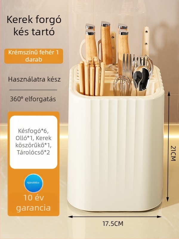 Forgó kés- és konyhai eszköz tartó, integrált kanál- és evőpálcika tároló, falra szerelhető cső alakú tároló