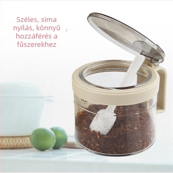 Üveg fűszertartó kanállal és alappal, több rekeszes konyhai tároló szilárd fűszerekhez