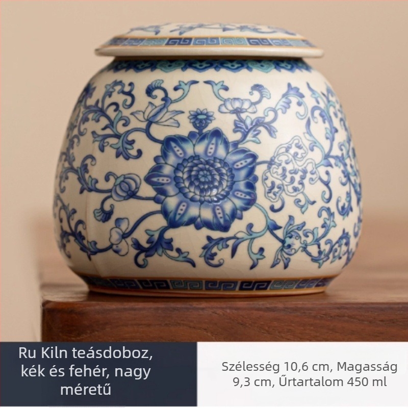 Kék-fehér Ru-kiln kerámia teásdoboza nagy kapacitással, légmentesen zárható tároló zöld tea, fehér tea és Pu'er tea számára; nedvesség- és porálló