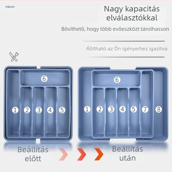 Szilikonból készült edény- és evőeszköztároló doboz rekeszekkel – késhez, villához és evőpálcikákhoz – konyhai rendező