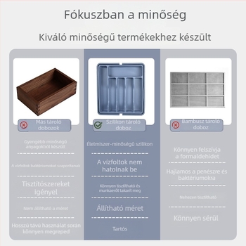 Szilikonból készült edény- és evőeszköztároló doboz rekeszekkel – késhez, villához és evőpálcikákhoz – konyhai rendező