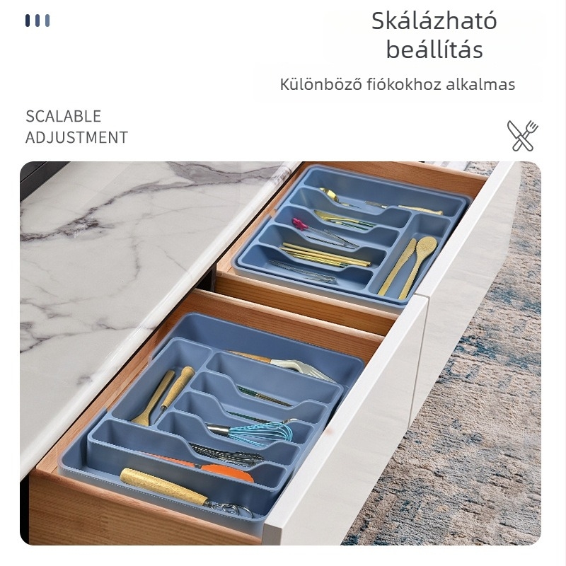 Szilikonból készült edény- és evőeszköztároló doboz rekeszekkel – késhez, villához és evőpálcikákhoz – konyhai rendező