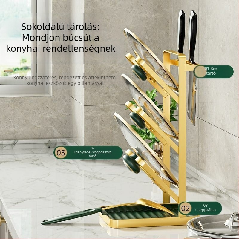 Fali fedőállvány – fúrás nélküli szerelés, konyhai tároló fedők, vágódeszkák és edények számára