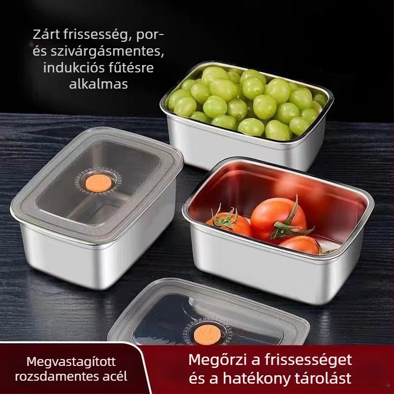 Rozsdamentes acél élelmiszer-tároló doboz szigetelt fedéllel, hűtőben használható, porcionáláshoz és szabadtéri piknikhez