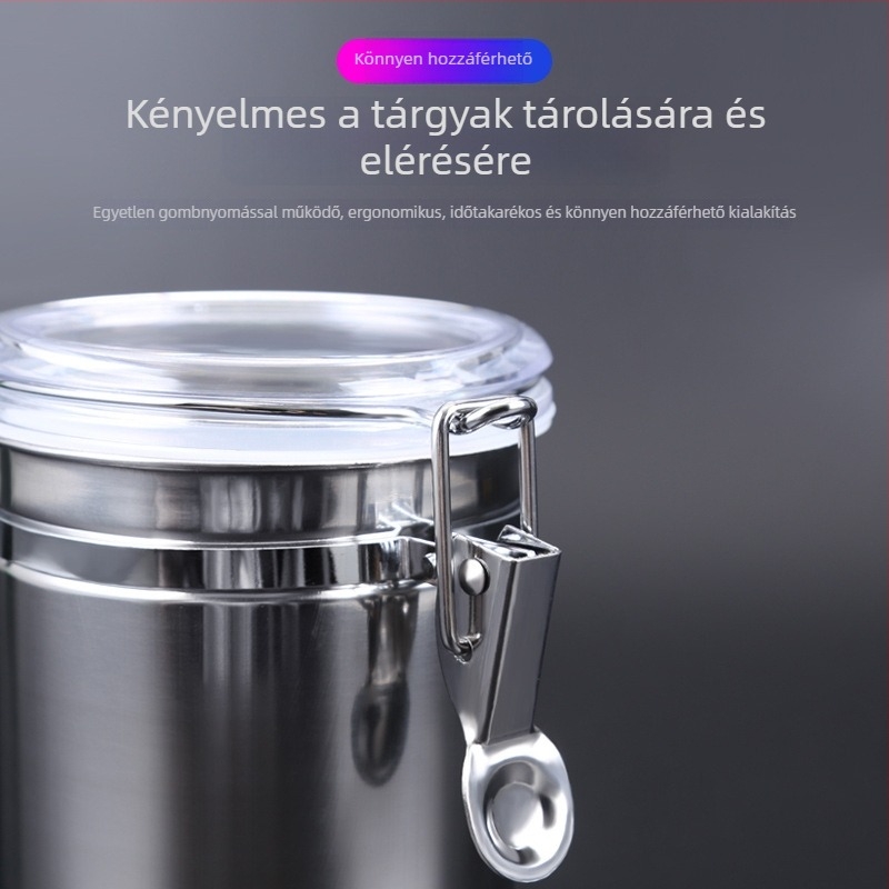 Rozsdamentes acélból készült lezárt üveg kávéhoz, cukorkához, szárított gyümölcsökhöz, porokhoz, tejporhoz és tealevelekhez; konyhai tárolóedény.
