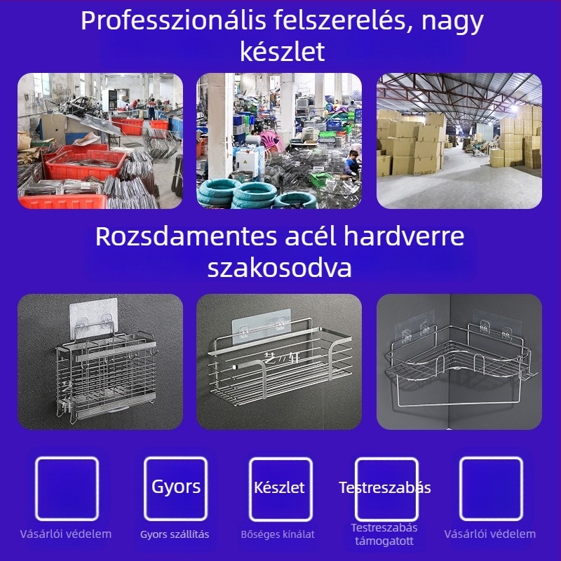 304 rozsdamentes acél sík tároló polc fürdőszobára és konyhára, falra szerelhető, fúrás nélkül