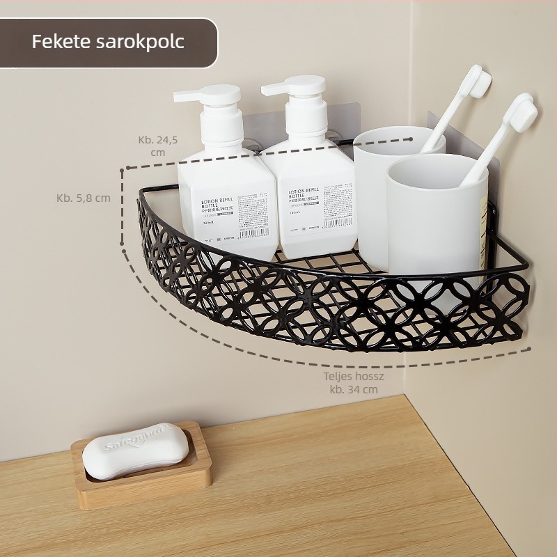 Háromszög alakú falra szerelhető tároló polc fürdőszobába, WC-be és konyhába