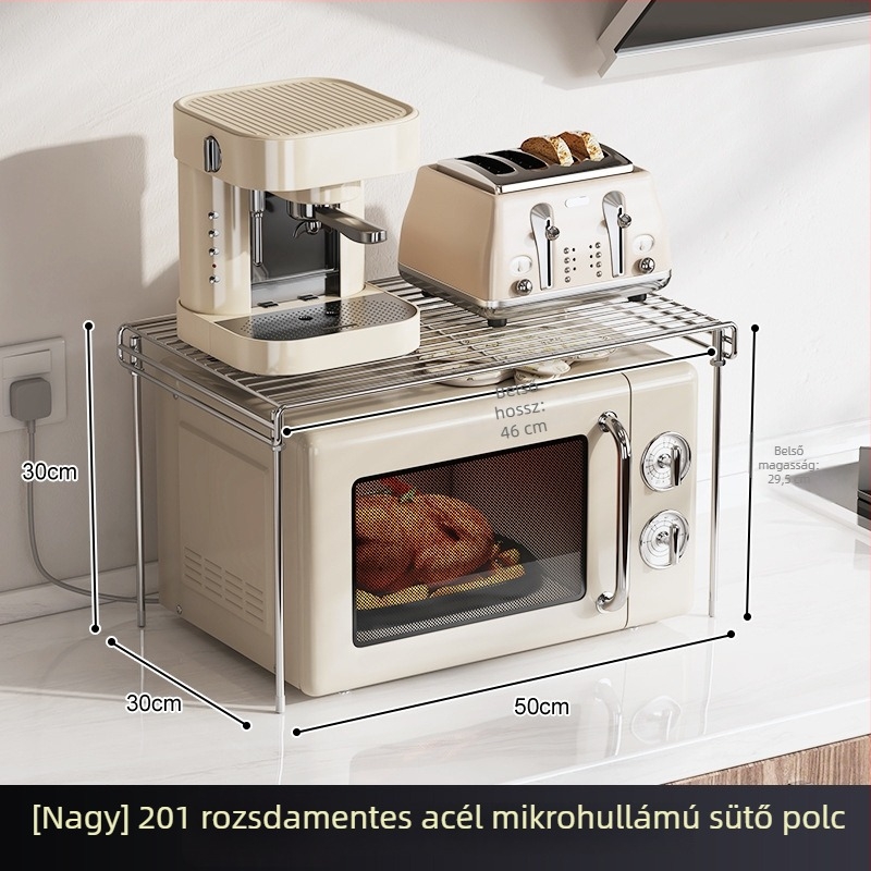 Rozsdamentes acélból készült konyhai állvány mikrohullámú sütőhöz és sütőhöz, pult melletti rizsfőző tárolóval