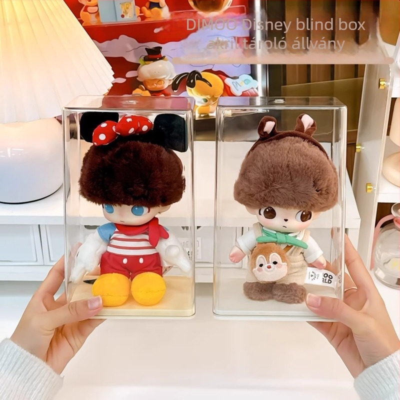 Bubble Mart Dimoo Disney vinil figurák tároló- és kiállító doboza átlátszó porvédővel és rakható állvánnyal